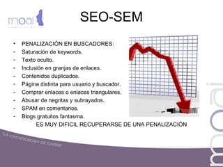 SEO-SEM
• PENALIZACIÓN EN BUSCADORES:
- Saturación de keywords.
- Texto oculto.
- Inclusión en granjas de enlaces.
- Contenidos duplicados.
- Página distinta para usuario y buscador.
- Comprar enlaces o enlaces triangulares.
- Abusar de negritas y subrayados.
- SPAM en comentarios.
- Blogs gratuitos fantasma.
ES MUY DIFICIL RECUPERARSE DE UNA PENALIZACIÓN
 