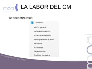 LA LABOR DEL CM
- GOOGLE ANALYTICS:
 