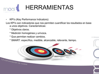 HERRAMIENTAS
- KPI’s (Key Performance Indicators):
Los KPI’s son indicadores que nos permiten cuantificar los resultados en base
a unos objetivos. Características:
* Objetivos claros.
* Medición homogénea y unívoca.
* Que permitan realizar cambios.
* SMART: específico, medible, alcanzable, relevante, tiempo.
 