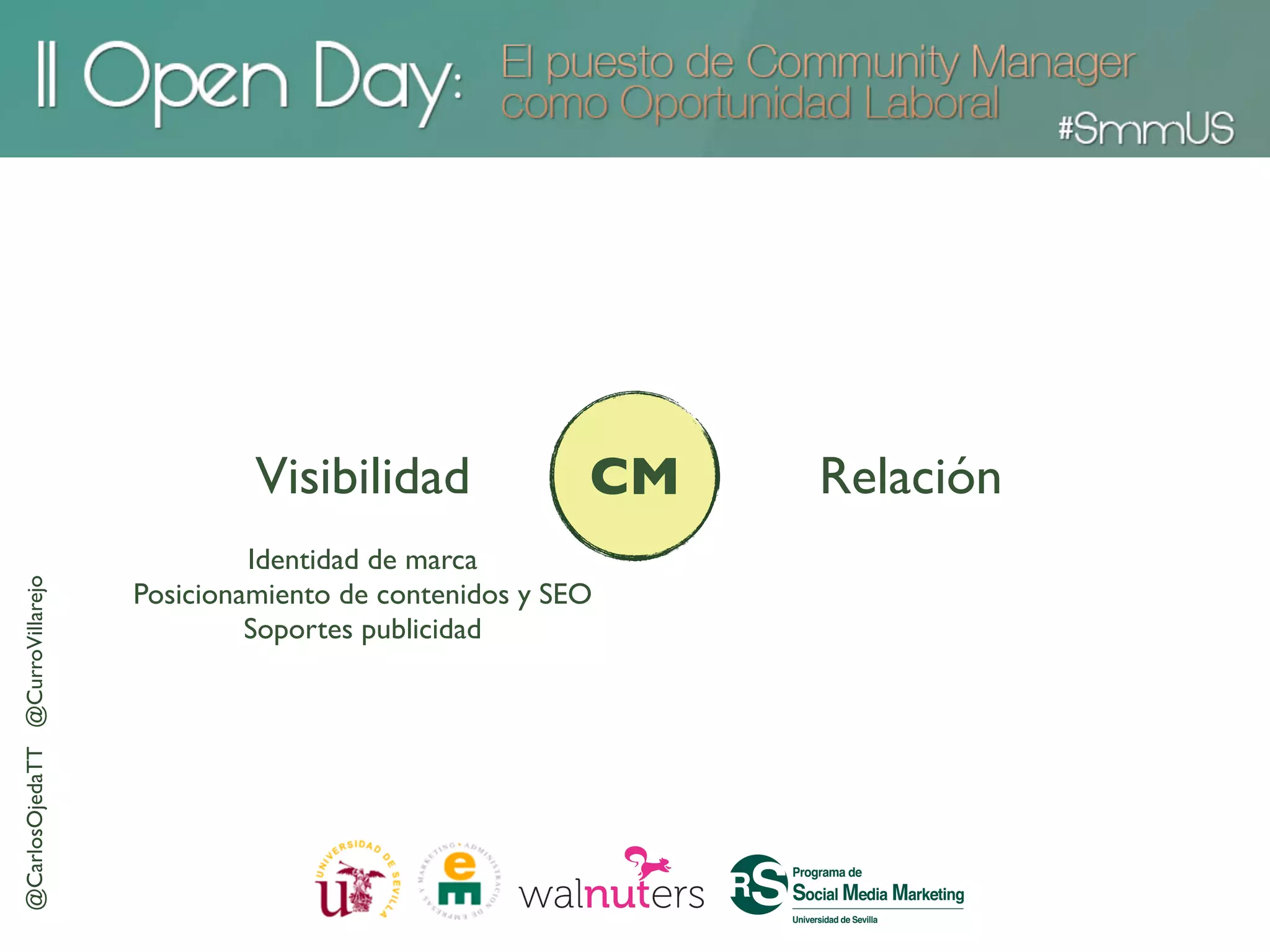 Visibilidad              CM   Relación
                                          Identidad de marca
@CarlosOjedaTT @CurroVillarejo




                                 Posicionamiento de contenidos y SEO
                                          Soportes publicidad
 