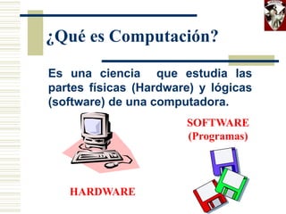 ¿Qué es Computación?
Es una ciencia que estudia las
partes físicas (Hardware) y lógicas
(software) de una computadora.
SOFTWARE
(Programas)
HARDWARE
 