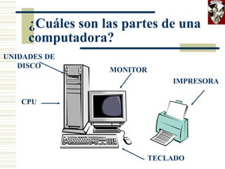 ¿Cuáles son las partes de una
computadora?
IMPRESORA
MONITOR
UNIDADES DE
DISCO
CPU
TECLADO
 
