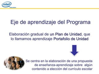 Eje de aprendizaje del Programa

Elaboración gradual de un Plan de Unidad, que
 lo llamamos aprendizaje Portafolio de Unidad




         Se centra en la elaboración de una propuesta
              de enseñanza-aprendizaje sobre algún
             contenido a elección del currículo escolar
 