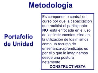 Es componente central del
curso por que la capacitación
que recibirá el participante
NO esta enfocada en el uso
de los instrumentos, sino en
la utilización de los mismos
como un recurso de
enseñanza-aprendizaje; es
por ello que lo imaginamos
desde una postura
netamente
     CONSTRUCTIVISTA
 