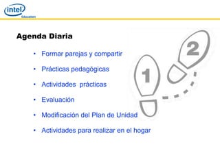 Agenda Diaria

   • Formar parejas y compartir

   • Prácticas pedagógicas

   • Actividades prácticas

   • Evaluación

   • Modificación del Plan de Unidad

   • Actividades para realizar en el hogar
 