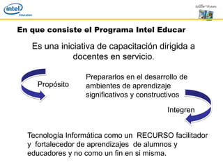 En que consiste el Programa Intel Educar

   Es una iniciativa de capacitación dirigida a
              docentes en servicio.

                  Prepararlos en el desarrollo de
    Propósito     ambientes de aprendizaje
                  significativos y constructivos

                                          Integren


  Tecnología Informática como un RECURSO facilitador
  y fortalecedor de aprendizajes de alumnos y
  educadores y no como un fin en si misma.
 