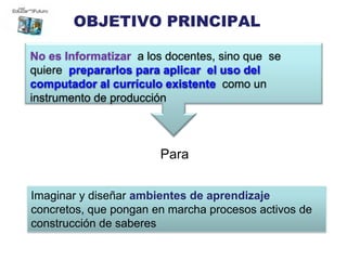 OBJETIVO PRINCIPAL

No es Informatizar a los docentes, sino que se
quiere prepararlos para aplicar el uso del
computador al currículo existente como un
instrumento de producción



                       Para


Imaginar y diseñar ambientes de aprendizaje
concretos, que pongan en marcha procesos activos de
construcción de saberes
 