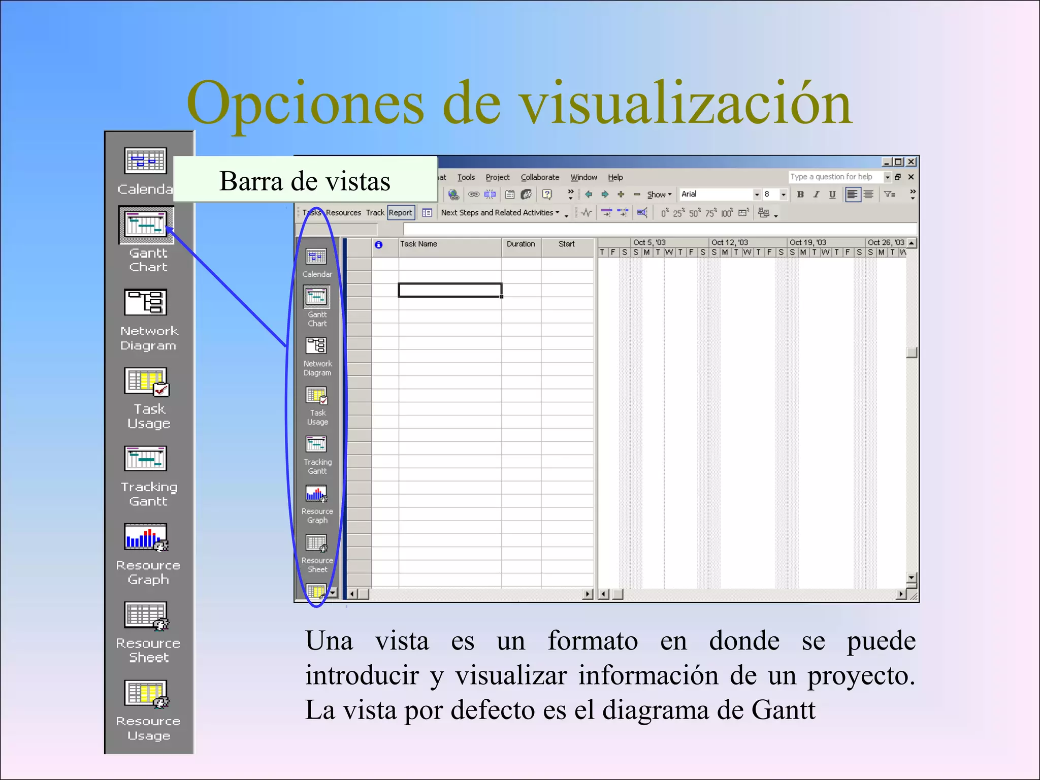 Opciones de visualización
Una vista es un formato en donde se puede
introducir y visualizar información de un proyecto.
La vista por defecto es el diagrama de Gantt
Barra de vistasBarra de vistas
 