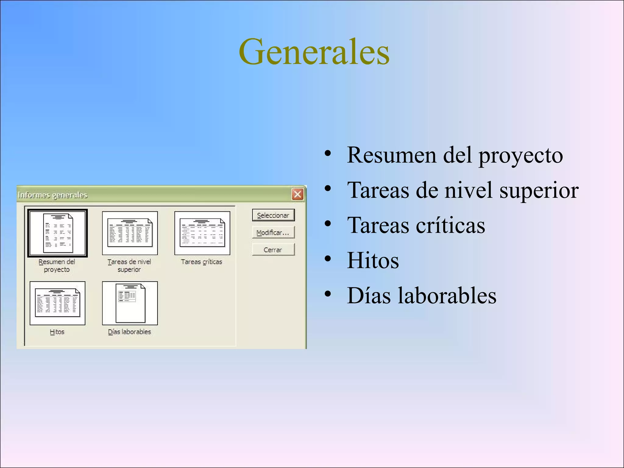 Generales
• Resumen del proyecto
• Tareas de nivel superior
• Tareas críticas
• Hitos
• Días laborables
 