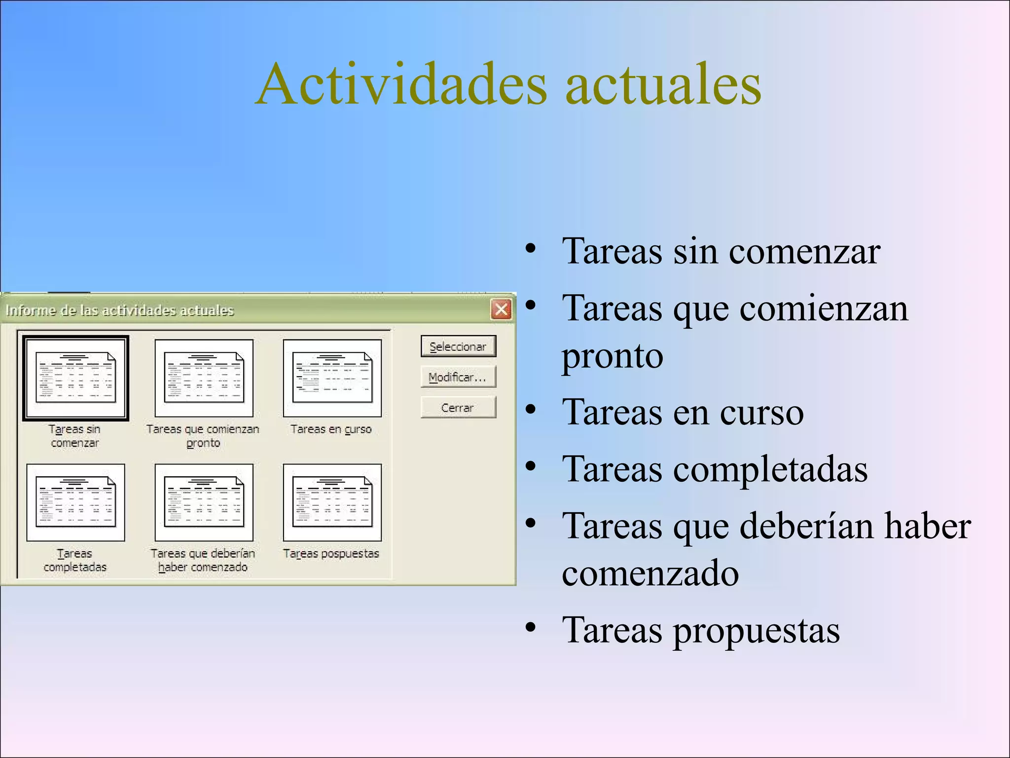 Actividades actuales
• Tareas sin comenzar
• Tareas que comienzan
pronto
• Tareas en curso
• Tareas completadas
• Tareas que deberían haber
comenzado
• Tareas propuestas
 