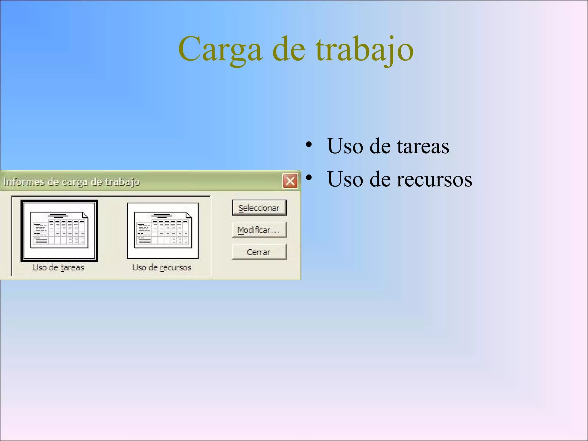 Carga de trabajo
• Uso de tareas
• Uso de recursos
 
