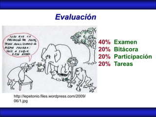 Evaluación


                                             40%   Examen
                                             20%   Bitácora
                                             20%   Participación
                                             20%   Tareas




http://lepetonio.files.wordpress.com/2009/
06/1.jpg
 