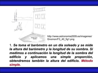 http://www.astronomia2009.es/imagenes/
                        Gnomon/F3_40_fig1.png

1. Se toma el barómetro en un día soleado y se mide
la altura del barómetro y la longitud de su sombra. Si
medimos a continuación la longitud de la sombra del
edificio y aplicamos una simple proporción,
obtendremos también la altura del edificio. Método
simple.
 