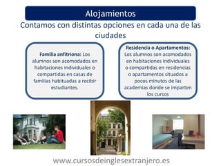Alojamientos
Contamos con distintas opciones en cada una de las
                    ciudades
                                    Residencia o Apartamentos:
      Familia anfitriona: Los      Los alumnos son acomodados
   alumnos son acomodados en        en habitaciones individuales
    habitaciones individuales o    o compartidas en residencias
     compartidas en casas de         o apartamentos situados a
   familias habituadas a recibir        pocos minutos de las
           estudiantes.            academias donde se imparten
                                             los cursos




            www.cursosdeinglesextranjero.es
 