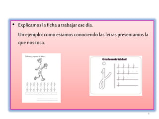 • Explicamosla ficha atrabajarese dia.
Un ejemplo:comoestamosconociendo las letraspresentamosla
quenos toca.
6
 