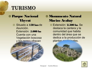 Parque Nacional
Ybycuí
Situado a 150 kmde
Asunción.
Extensión: 5.000 ha
Cuenta con una
Vegetación boscosa
y los cerros ofrecen
un paisaje variado.
Monumento Natural
Macizo Acahay
Extensión: 2.500 ha. Se
destaca la cantera y la
comunidad que habita
dentro del área que se
dedica a la producción de
plantas medicinales.
Paraguarí Cynthia Moreno
 