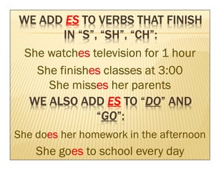 WE ADD ES TO VERBS THAT FINISH
      IN “S”, “SH”, “CH”:
      watches
  She watches television for 1 hour
    She finishes classes at 3:00
        finishes
      She misses her parents
           misses
                        “DO
                         DO”
   WE ALSO ADD ES TO “DO” AND
                 GO”:
               “GO”:
    does
She does her homework in the afternoon
        goes
    She goes to school every day
 