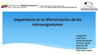 Importancia en la diferenciación de los
microorganismos
Integrantes:
José franco
Adrián Hernández
Cristofer vigués
Diana Arrollo
María Duran
Prof. Dante Falcón
 