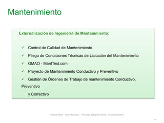 10
Mantenimiento
Schneider Electric – Smart Infrastructure – IT Consulting & Integration Services – División Data Centers
Externalización de Ingeniería de Mantenimiento:
 Control de Calidad de Mantenimiento
 Pliego de Condiciones Técnicas de Licitación del Mantenimiento
 GMAO - MantTest.com
 Proyecto de Mantenimiento Conductivo y Preventivo
 Gestión de Órdenes de Trabajo de mantenimiento Conductivo,
Preventivo
y Correctivo
 