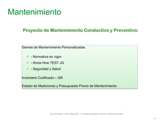 16
Mantenimiento
Schneider Electric – Smart Infrastructure – IT Consulting & Integration Services – División Data Centers
Proyecto de Mantenimiento Conductivo y Preventivo:
Gamas de Mantenimiento Personalizadas
 - Normativa en vigor
 - Know How TEST JG
 - Seguridad y Salud
Inventario Codificado – QR
Estado de Mediciones y Presupuesto Previo de Mantenimiento
 