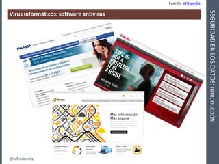 @alfredovela
SEGURIDADENLOSDATOS:INTRODUCCIÓN
Virus informáticos: software antivirus
Fuente: Wikipedia
 