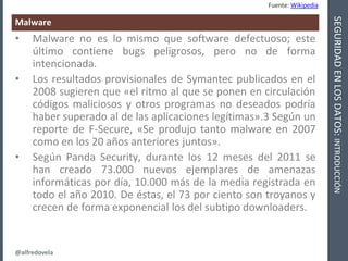 @alfredovela
SEGURIDADENLOSDATOS:INTRODUCCIÓN
Malware
• Malware no es lo mismo que software defectuoso; este
último contie...