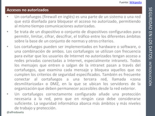 @alfredovela
SEGURIDADENLOSDATOS:INTRODUCCIÓN
Accesos no autorizados
• Un cortafuegos (firewall en inglés) es una parte de...
