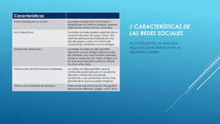 8 CARACTERÍSTICAS DE
LAS REDES SOCIALES
Características
Están basadas en el usuario: Las redes sociales son construidas y
dirigidas por los mismos usuarios, quienes
además las nutren con el contenido.
Son Interactivas: Las redes sociales poseen además de un
conjunto de salas de chat y foros, una
serie de aplicaciones basadas en una
red de juegos, como una forma de
conectarse y divertirse con los amigos.
Establecen relaciones: Las redes sociales no sólo permiten
descubrir nuevos amigos sobre la base
de intereses, sino que también permiten
volver a conectar con viejos amigos con
los que se ha perdido contacto desde
muchos años atrás.
Intercambio de información e intereses: Las redes sociales permiten que el
contenido publicado por un usuario se
difunda a través de una red de
contactos y sub-contactos mucho más
grande de lo que se pueda imaginar.
Ofrece una variedad de servicios: Intercambio de información, fotografías,
servicios de telefonía, juegos, chat, foros.
A continuación se describe
algunas características en el
siguiente cuadro:
 