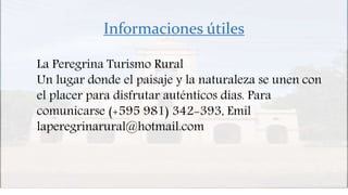 Informaciones útiles
La Peregrina Turismo Rural
Un lugar donde el paisaje y la naturaleza se unen con
el placer para disfrutar auténticos días. Para
comunicarse (+595 981) 342-393, Emil
laperegrinarural@hotmail.com
 