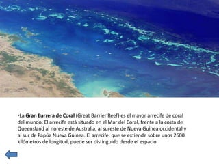 •La Gran Barrera de Coral (Great Barrier Reef) es el mayor arrecife de coral
del mundo. El arrecife está situado en el Mar del Coral, frente a la costa de
Queensland al noreste de Australia, al sureste de Nueva Guinea occidental y
al sur de Papúa Nueva Guinea. El arrecife, que se extiende sobre unos 2600
kilómetros de longitud, puede ser distinguido desde el espacio.
 