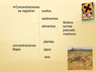 Concentraciones
  se registran   suelos,

                  sedimentos
                               lácteos
                  alimentos    carnes
                               pescado
                               mariscos

                   plantas
concentraciones
Bajas              agua

                   aire.
 