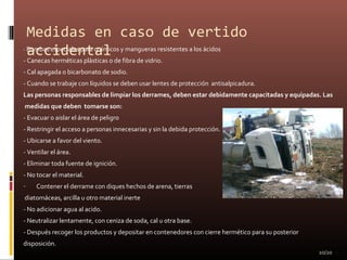 Medidas en caso de vertido
accidental- Bombas especiales para químicos y mangueras resistentes a los ácidos
- Canecas herméticas plásticas o de fibra de vidrio.
- Cal apagada o bicarbonato de sodio.
- Cuando se trabaje con líquidos se deben usar lentes de protección antisalpicadura.
Las personas responsables de limpiar los derrames, deben estar debidamente capacitadas y equipadas. Las
medidas que deben tomarse son:
- Evacuar o aislar el área de peligro
- Restringir el acceso a personas innecesarias y sin la debida protección.
- Ubicarse a favor del viento.
- Ventilar el área.
- Eliminar toda fuente de ignición.
- No tocar el material.
- Contener el derrame con diques hechos de arena, tierras
diatomáceas, arcilla u otro material inerte
- No adicionar agua al acido.
- Neutralizar lentamente, con ceniza de soda, cal u otra base.
- Después recoger los productos y depositar en contenedores con cierre hermético para su posterior
disposición.
10/20
 