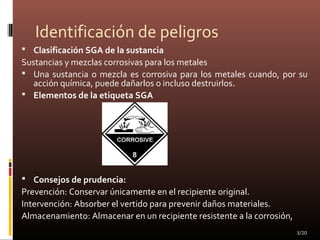 Identificación de peligros
 Clasificación SGA de la sustancia
Sustancias y mezclas corrosivas para los metales
 Una sustancia o mezcla es corrosiva para los metales cuando, por su
acción química, puede dañarlos o incluso destruirlos.
 Elementos de la etiqueta SGA
 Consejos de prudencia:
Prevención: Conservar únicamente en el recipiente original.
Intervención: Absorber el vertido para prevenir daños materiales.
Almacenamiento: Almacenar en un recipiente resistente a la corrosión,
3/20
 