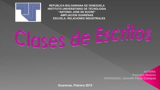 REPUBLICA BOLIVARIANA DE VENEZUELA
INSTITUTO UNIVERSITARIO DE TECNOLOGIA
‘‘ANTONIO JOSE DE SUCRE’’
AMPLIACION GUARENAS
ESCUELA: RELACIONES INDUSTRIALES
Guarenas, Febrero 2015
 