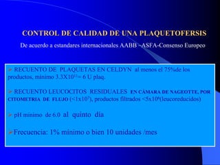CONTROL DE CALIDAD DE UNA PLAQUETOFERSIS
    De acuerdo a estandares internacionales AABB –ASFA-Consenso Europeo


  RECUENTO DE PLAQUETAS EN CELDYN al menos el 75%de los
productos, mínimo 3.3X1011= 6 U plaq.

  RECUENTO LEUCOCITOS RESIDUALES EN CÁMARA DE NAGEOTTE, POR
CITOMETRIA DE FLUJO (<1x107), productos filtrados <5x106(leucoreducidos)


  pH minimo de 6.0   al quinto día

  Frecuencia: 1% mínimo o bien 10 unidades /mes
 