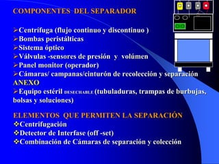 :
COMPONENTES DEL SEPARADOR                                ::

 Centrífuga (flujo continuo y discontinuo )
 Bombas peristálticas
 Sistema óptico
 Válvulas -sensores de presión y volúmen
 Panel monitor (operador)
 Cámaras/ campanas/cinturón de recolección y separación
ANEXO
 Equipo estéril DESECHABLE (tubuladuras, trampas de burbujas,
bolsas y soluciones)

ELEMENTOS QUE PERMITEN LA SEPARACIÓN
 Centrifugación
 Detector de Interfase (off -set)
 Combinación de Cámaras de separación y colección
 