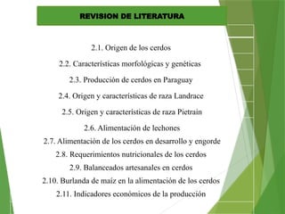 2.1. Origen de los cerdos
2.2. Características morfológicas y genéticas
2.3. Producción de cerdos en Paraguay
2.4. Origen y características de raza Landrace
2.5. Origen y características de raza Pietrain
2.6. Alimentación de lechones
2.7. Alimentación de los cerdos en desarrollo y engorde
2.8. Requerimientos nutricionales de los cerdos
2.9. Balanceados artesanales en cerdos
2.10. Burlanda de maíz en la alimentación de los cerdos
2.11. Indicadores económicos de la producción
REVISION DE LITERATURA
 