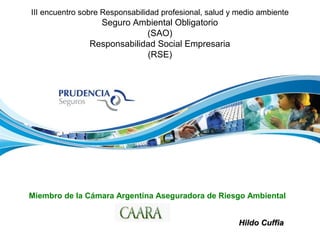 III encuentro sobre Responsabilidad profesional, salud y medio ambiente
Seguro Ambiental Obligatorio
(SAO)
Responsabilidad Social Empresaria
(RSE)
Miembro de la Cámara Argentina Aseguradora de Riesgo Ambiental
Hildo CuffiaHildo Cuffia
 