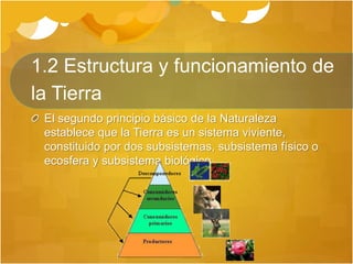 1.2 Estructura y funcionamiento de
la Tierra
El segundo principio básico de la Naturaleza
establece que la Tierra es un sistema viviente,
constituido por dos subsistemas, subsistema físico o
ecosfera y subsistema biológico.
 