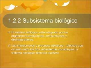 1.2.2 Subsistema biológico
El sistema biológico está integrado por los
organismos productores, consumidores y
desintegradores.
Las interacciones y procesos abióticos – bióticos que
ocurren entre los dos subsistemas constituyen un
sistema ecológico llamado biosfera.
 