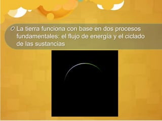 La tierra funciona con base en dos procesos
fundamentales: el flujo de energía y el ciclado
de las sustancias
 