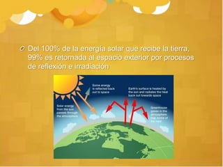 Del 100% de la energía solar que recibe la tierra,
99% es retornada al espacio exterior por procesos
de reflexión e irradiación
 