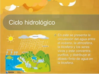 En este se presenta la
circulación del agua entre
el océano, la atmosfera,
la litosfera y los seres
vivos y este concentra,
purifica, y distribuye el
abasto finito de agua en
la biosfera.
Ciclo hidrológico
 