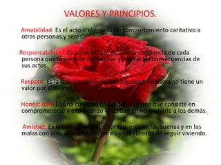 VALORES Y PRINCIPIOS.
Amabilidad: Es el acto o el estado de comportamiento caritativo a
otras personas y seres.

Responsabilidad: Es un valor que está en la conciencia de cada
 persona que le permite reflexionar y valorar las consecuencias de
 sus actos.

Respeto: Es la consideración de que alguien o incluso algo tiene un
valor por sí mismo.

Honestidad: Es una cualidad de calidad humana que consiste en
comprometerse y expresando la verdad en no mentirle a los demás.

Amistad: Es la compañía de un ser que está en las buenas y en las
malas con uno, apoyándolos para darles alientos de seguir viviendo.
 