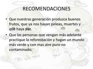 RECOMENDACIONES
• Que nuestras generación produzca buenos
  frutos, que ya nos hayan peleas, muertes y
  que haya paz.
• Que las personas que vengan más adelante
  practique la reforestación y hagan un mundo
  más verde y con mas aire puro no
  contaminado.
 