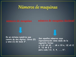 Son aquellos números cuya
representación viene dada de la
siguiente forma:
± 0,d1 d2 d3 ... dk x 10 n, 1£ d1 £
9, 1£ dk £ 9
para cada i=2, 3, 4, ..., k";
Es un sistema numérico que
consta de dos dígitos: Ceros (0)
y unos (1) de base 2".
 