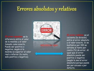 El error absoluto es la
diferencia entre el valor
de la medida y el valor
tomado como exacto.
Puede ser positivo o
negativo, según si la
medida es superior al valor
real o inferior (la resta
sale positiva o negativa).
El error relativo es el
cociente (la división)
entre el error absoluto
y el valor exacto. Si se
multiplica por 100 se
obtiene el tanto por
ciento (%) de error. Al
igual que el error
absoluto puede ser
positivo o negativo
(según lo sea el error
absoluto) porque puede
ser por exceso o por
defecto.
 
