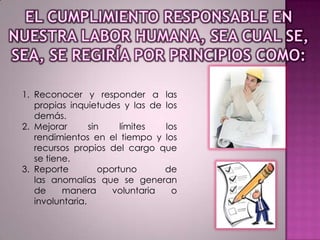 1. Reconocer y responder a las
propias inquietudes y las de los
demás.
2. Mejorar
sin
límites
los
rendimientos en el tiempo y los
recursos propios del cargo que
se tiene.
3. Reporte
oportuno
de
las anomalías que se generan
de
manera
voluntaria
o
involuntaria.

 