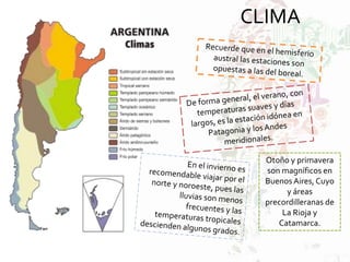 CLIMA
Otoño y primavera
son magníficos en
Buenos Aires, Cuyo
y áreas
precordilleranas de
La Rioja y
Catamarca.
 