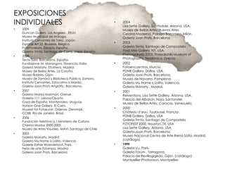 EXPOSICIONES
INDIVIDUALES                                           •   2004
                                                           Lisa Sette Gallery, Scottsdale, Arizona, USA.
•   2009                                                   Museo de Bellas Artes. Buenos Aires.
    Duncan Gallery, Los Angeles , EEUU.                    Cesano Maderno, Palazzo Borromeo. Milán.
    Museo Municipal de Málaga.                             Galeria Joan Prats. Barcelona
    Instituto Cervantes de Tokio. Japón.
    Espace Art 22. Bruselas. Bélgica.                  •   2003
    Fotomuseum. Zarautz. España.                           Galería Trinta, Santiago de Compostela .
    Galeria Trinta. Santiago de Compostela. España.        Yossi Milo Gallery, NY, USA.
•   2008
                                                           Photosynkyria 2003, Thassaloniki Museum of
    Tecla Sala. Barcelona. España.                         Photography, Tesalónica, Grecia.
    Fundazione M. Marangoni. Florencia. Italia.        •   2002
    Galeria Moriarty. Etcétera. Madrid.                    Fotoencuentros, Murcia.
    Museo de Bellas Artes, La Coruña.                      PDNB Gallery, Dallas, USA.
    Museo Barjola, Gijon.                                  Galería Joan Prats, Barcelona.
    Museo de Zamora y Biblioteca Pública. Zamora.          Museo de Navarra, Pamplona.
    Instituto Cervantes, Estocolmo y Manila.               Galería My Name is Lolita, Valencia.
    Galeria Joan-Prats Artgráfic, Barcelona.               Galería Moriarty , Madrid.
•   2007                                               •   2001
    Galeria Marisa Marimón. Orense.                        Reiventions. Lisa Sette Gallery, Arizona, USA.
    Galeria 111. Lisboa/Oporto.                            Palacio del Albaicín, Noja, Santander.
    Casa de España. Montevideo. Uruguay.                   Museo de Bellas Artes, Caracas, Venezuela.
    Horizon One Gallery. El Cairo.
    Museet for Fotokunst, Odense, Denmark.             •   2000
    CCBB. Río de Janeiro. Brasil.                          Château d‟eau. Toulousse, Francia .
                                                           PDNB Gallery, Dallas, USA
•   2006
    Fundación Telefónica / Ministerio de Cultura.          Galería Trinta, Santiago de Compostela
    Chema Madoz 2000-2005                                  FOTOFEST 2000, Houston, TX, USA
    Museo de Artes Visuales. MAVI. Santiago de Chile       Lisa Sette Gallery, Arizona, USA,
                                                           Galería Joan Prats, Barcelona
•   2005
    Galeria Moriarty, Madrid                               Museo Nacional Centro de Arte Reina Sofía. Madrid.
    Galeria My Name is Lolita, Valencia                    (catálogo)
    Galerie Esther Woerdehoof, Paris                   •   1999
    Feria de arte Estampa. Madrid                          Galeria Vu, París.
    Galeria Joan Prats. Barcelona                          Galeria Forum , Tarragona.
                                                           Palacio de Revillagigedo, Gijón. (catálogo)
                                                           Montpellier Photovison, Montpellier.
 
